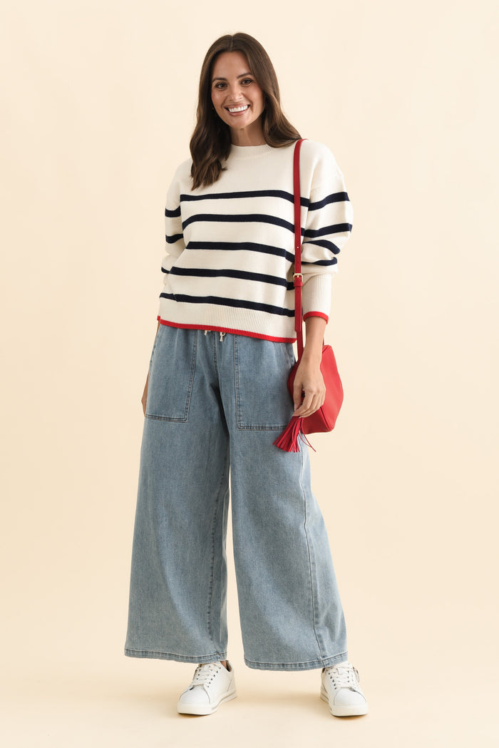 Leonie Navy Stripe Knit Sweater,Brunette model,alt text|model:MJ