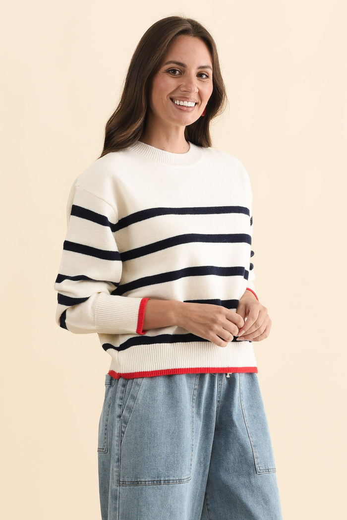 Leonie Navy Stripe Knit Sweater,Brunette model,alt text|model:MJ