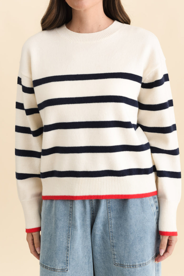 Leonie Navy Stripe Knit Sweater,Brunette model,alt text|model:MJ