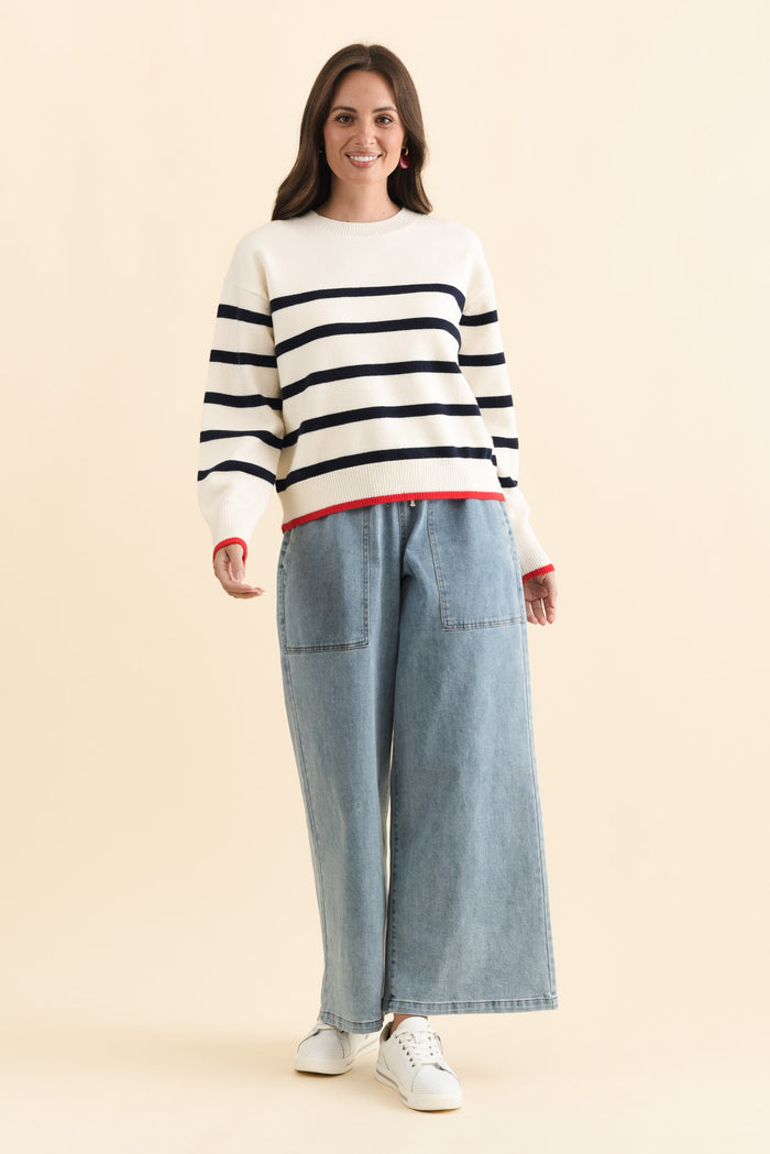 Leonie Navy Stripe Knit Sweater,Brunette model,alt text|model:MJ