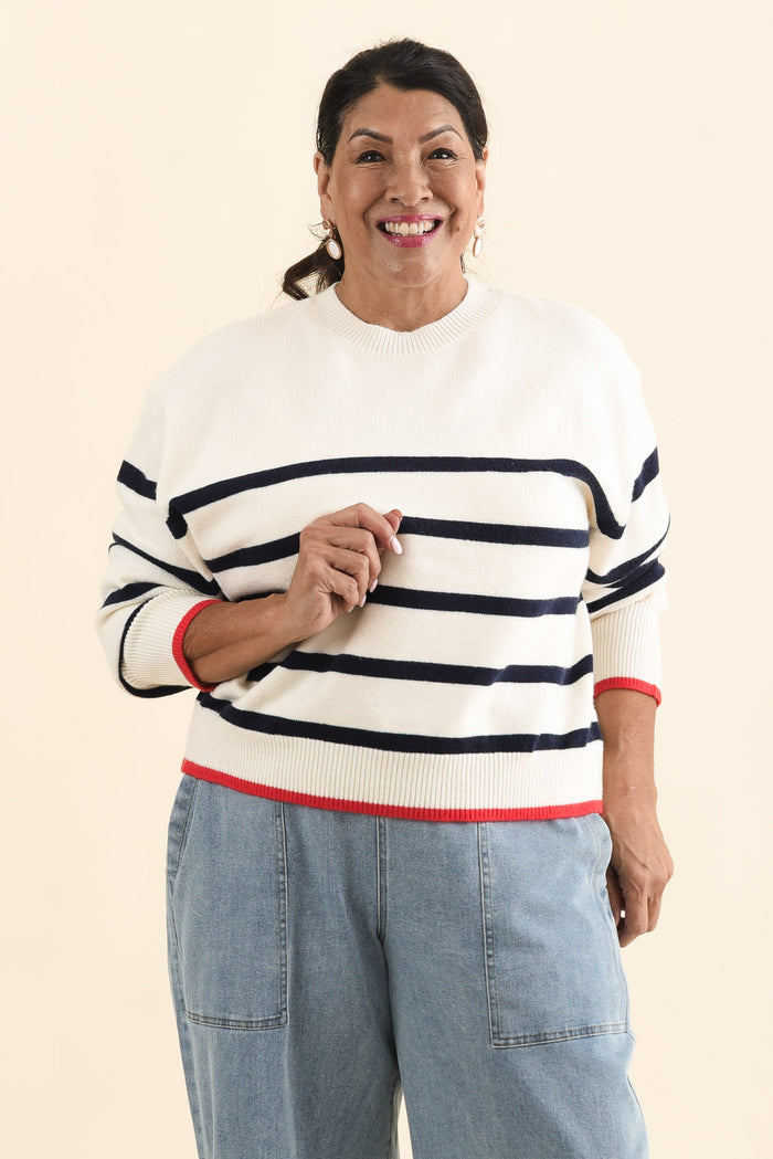 Leonie Navy Stripe Knit Sweater,Brunette model,alt text|model:Pilita