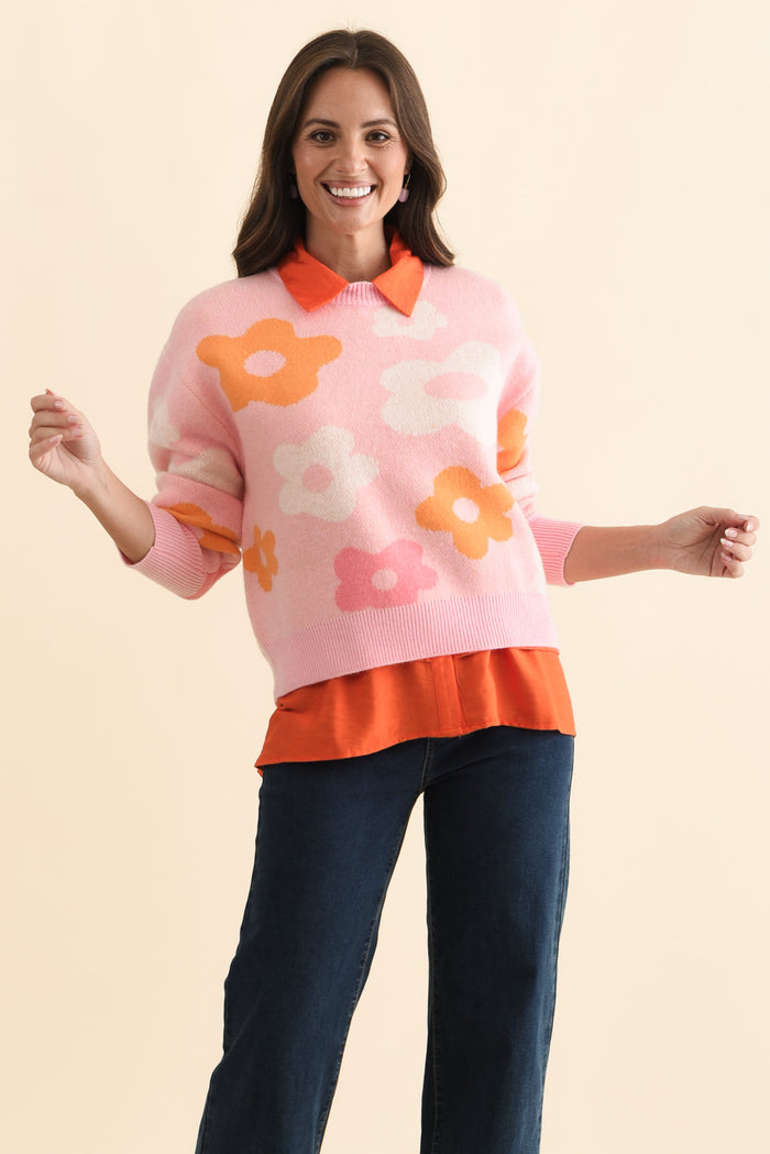 Leonie Pink Flower Knit Sweater,Brunette model,alt text|model:MJ