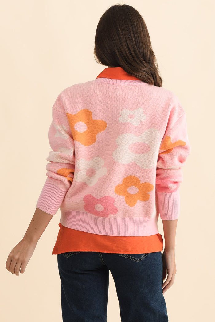 Leonie Pink Flower Knit Sweater,Brunette model,alt text|model:MJ