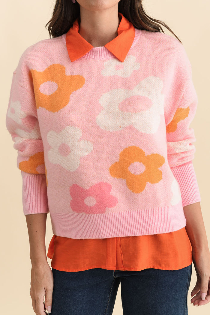 Leonie Pink Flower Knit Sweater,Brunette model,alt text|model:MJ