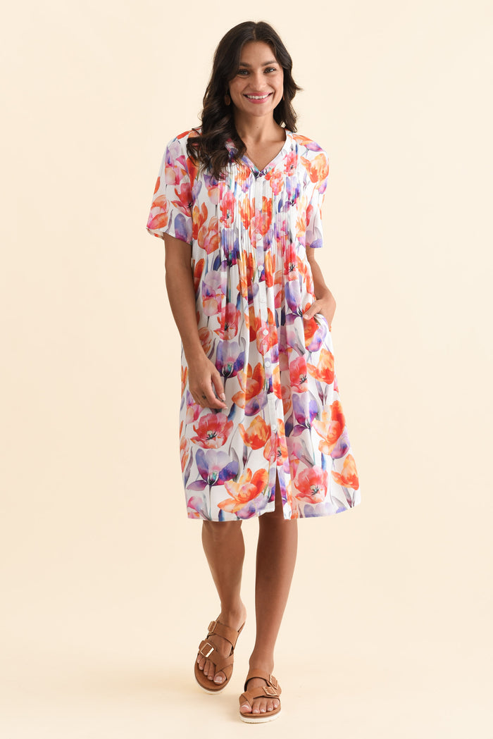 Leticia Orange Flower Midi Dress,Brunette model,alt text|model:Brontie