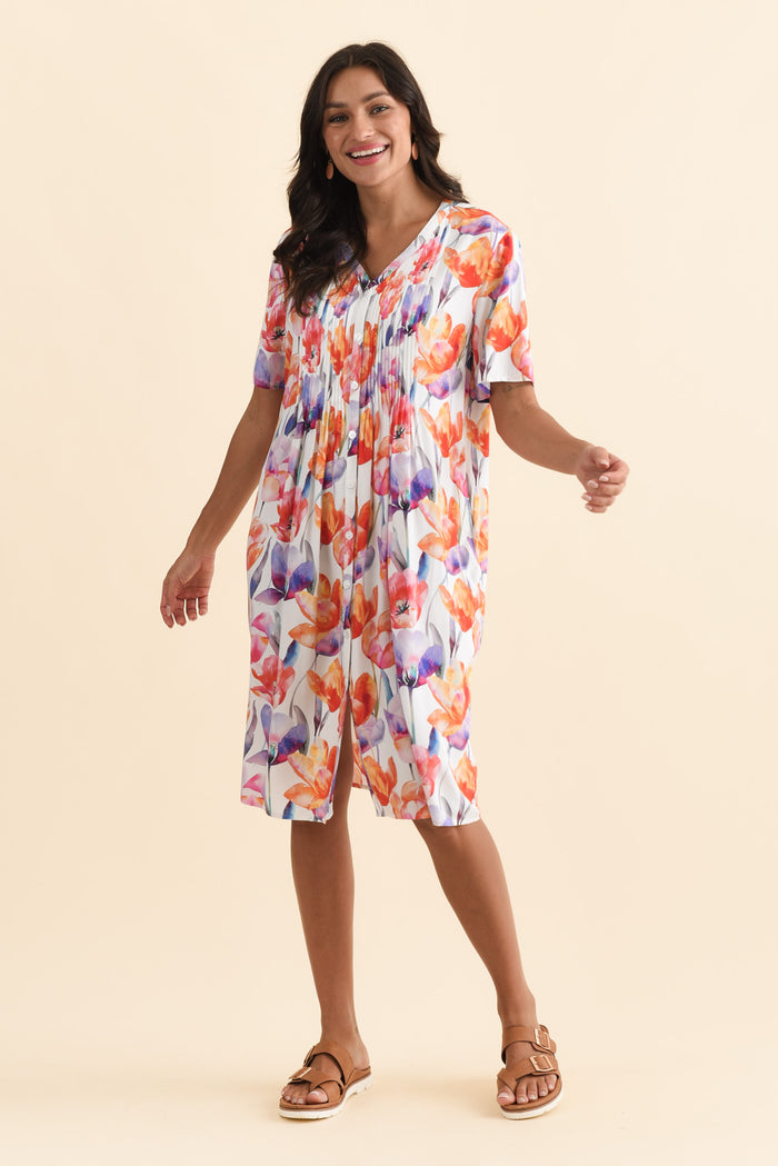 Leticia Orange Flower Midi Dress,Brunette model,alt text|model:Brontie