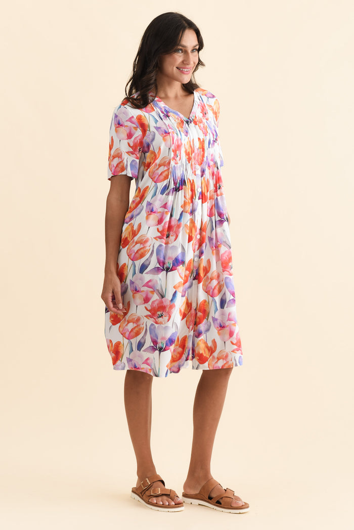 Leticia Orange Flower Midi Dress,Brunette model,alt text|model:Brontie