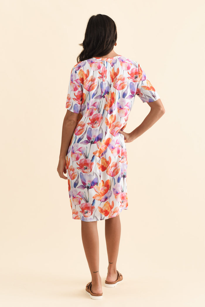 Leticia Orange Flower Midi Dress,Brunette model,alt text|model:Brontie