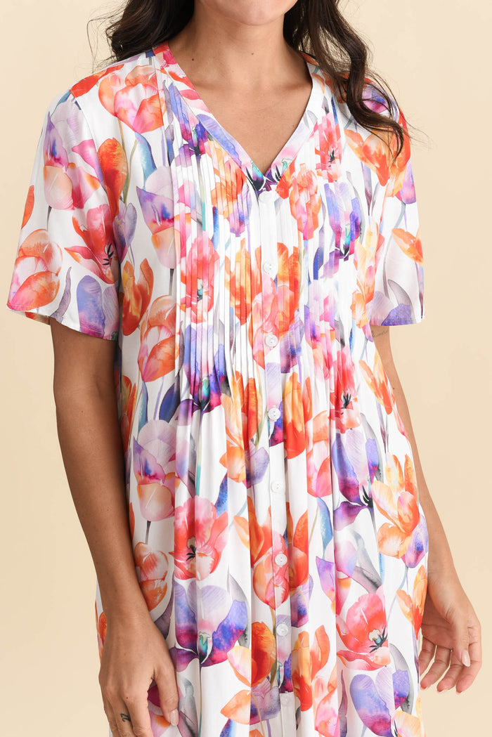 Leticia Orange Flower Midi Dress,Brunette model,alt text|model:Brontie