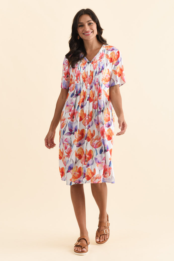 Leticia Orange Flower Midi Dress,Brunette model,alt text|model:Brontie
