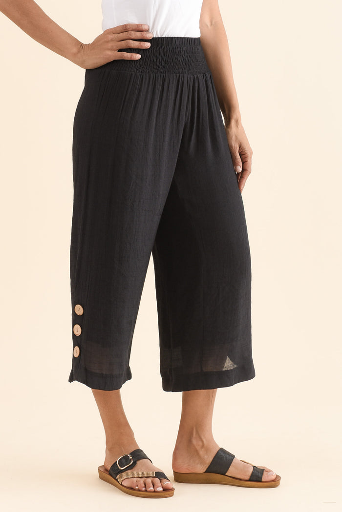 Lettie Black Button Pants,Side,Brunette model,alt text|model:Cara