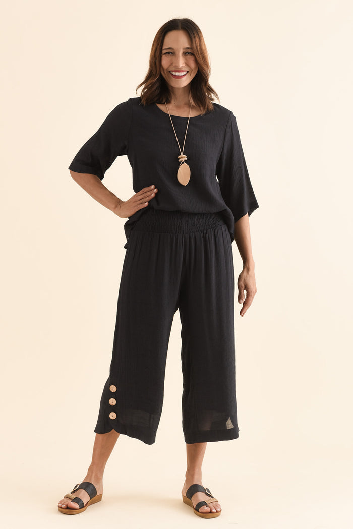 Lettie Black Button Pants,Full Body,Brunette model,alt text|model:Cara