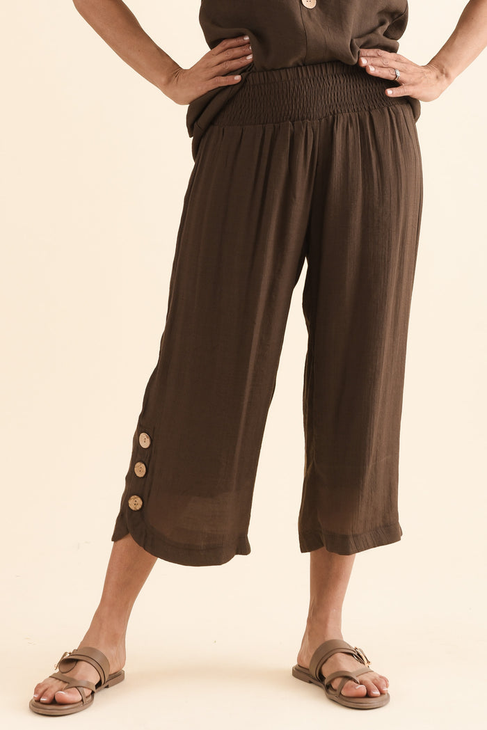 Lettie Chocolate Button Pants,Front,Brunette model,alt text|model:Cara