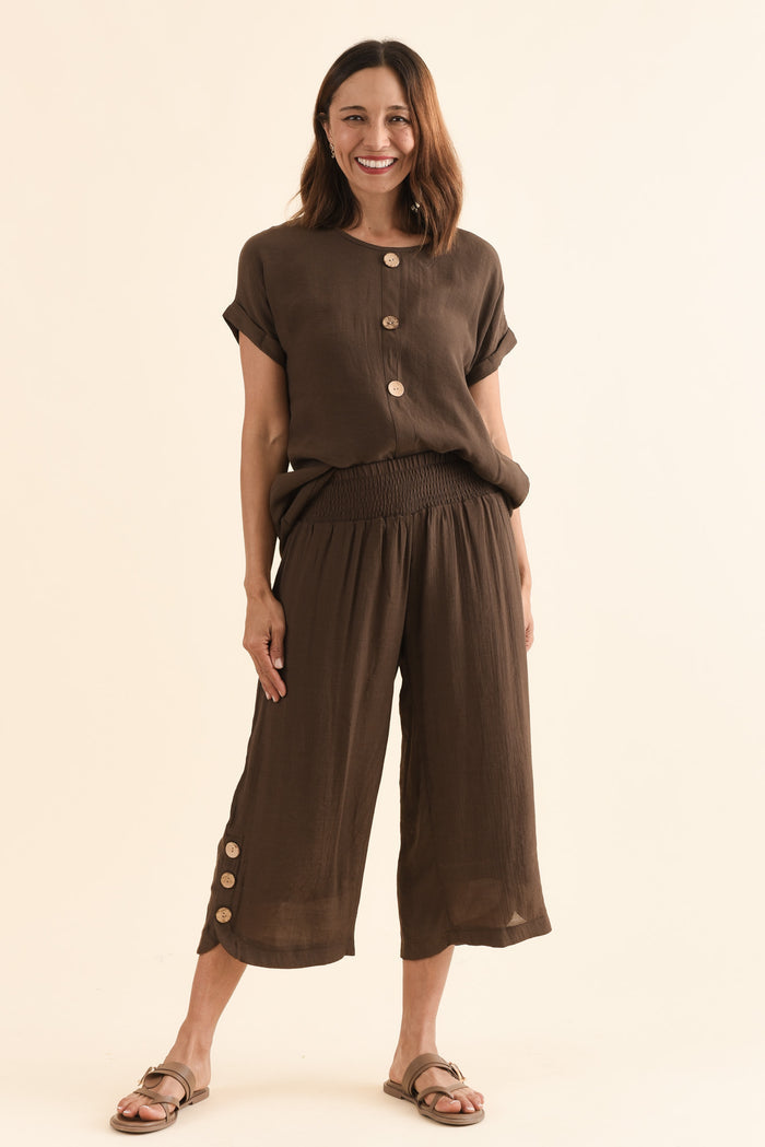 Lettie Chocolate Button Pants,Full Body,Brunette model,alt text|model:Cara