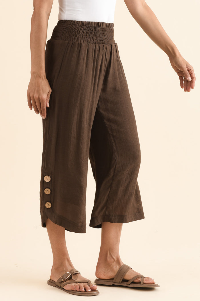 Lettie Chocolate Button Pants,Side,Brunette model,alt text|model:Cara