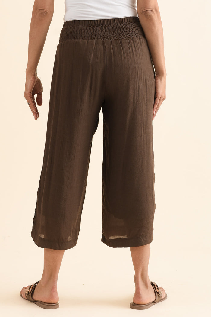 Lettie Chocolate Button Pants,Back,Brunette model,alt text|model:Cara