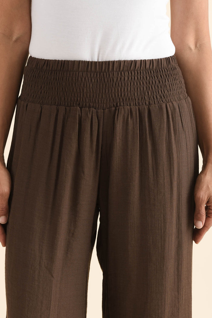 Lettie Chocolate Button Pants,Detail,Brunette model,alt text|model:Cara