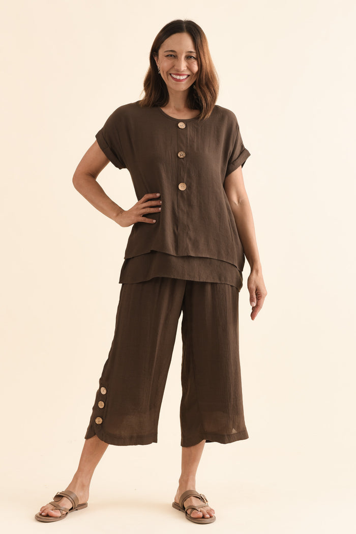 Lettie Chocolate Button Pants,Full Body,Brunette model,alt text|model:Cara