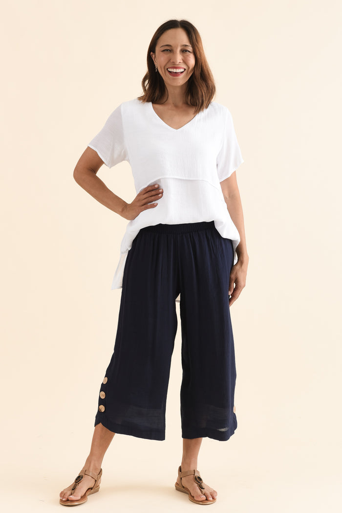 Lettie Navy Button Pants,Full Body,Brunette model,alt text|model:Cara