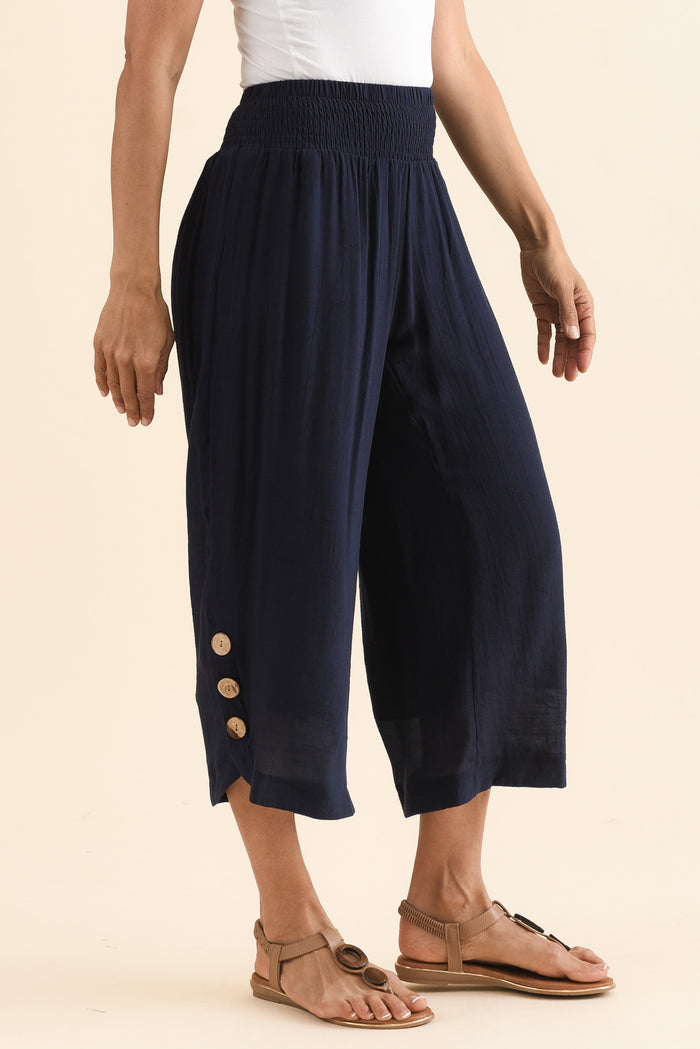 Lettie Navy Button Pants,Side,Brunette model,alt text|model:Cara