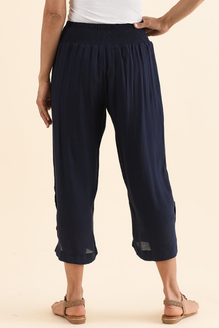 Lettie Navy Button Pants,Back,Brunette model,alt text|model:Cara