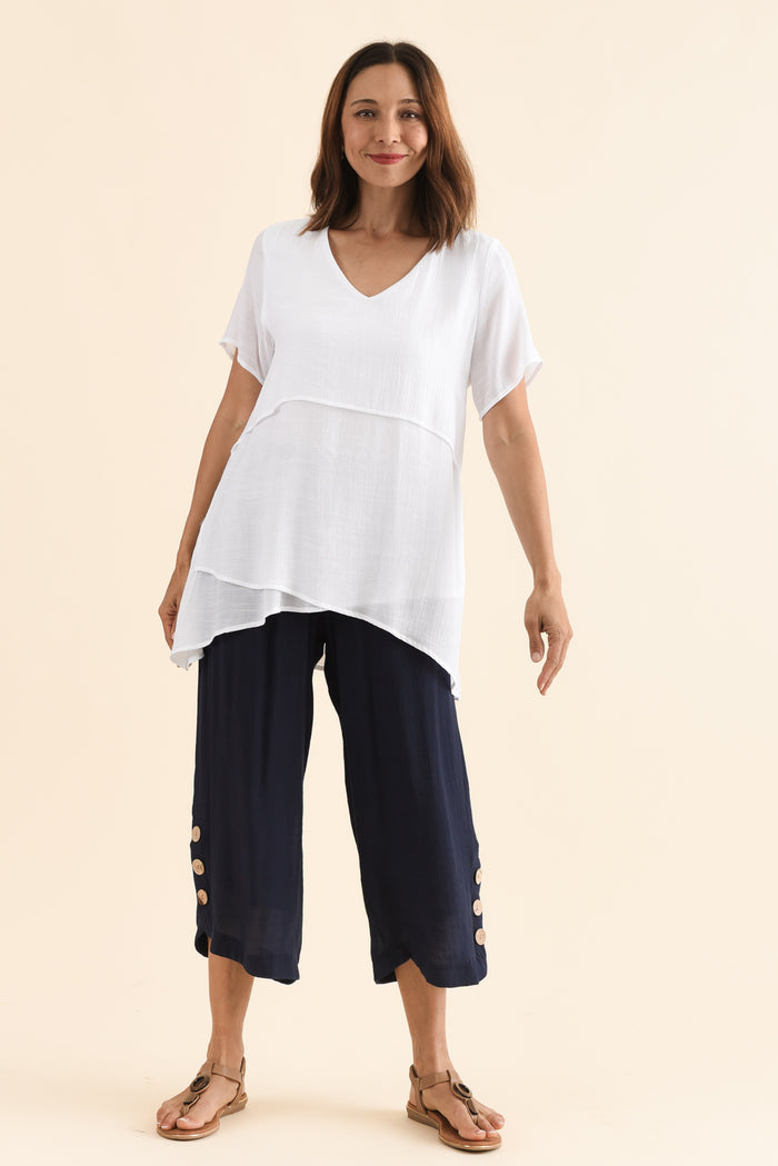 Lettie Navy Button Pants,Brunette model,alt text|model:Brontie