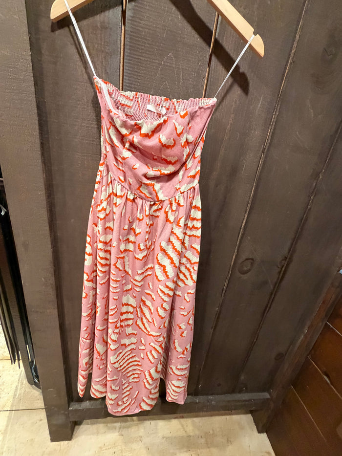 LEZ A LEZ STRAPLESS PRINT DRESS