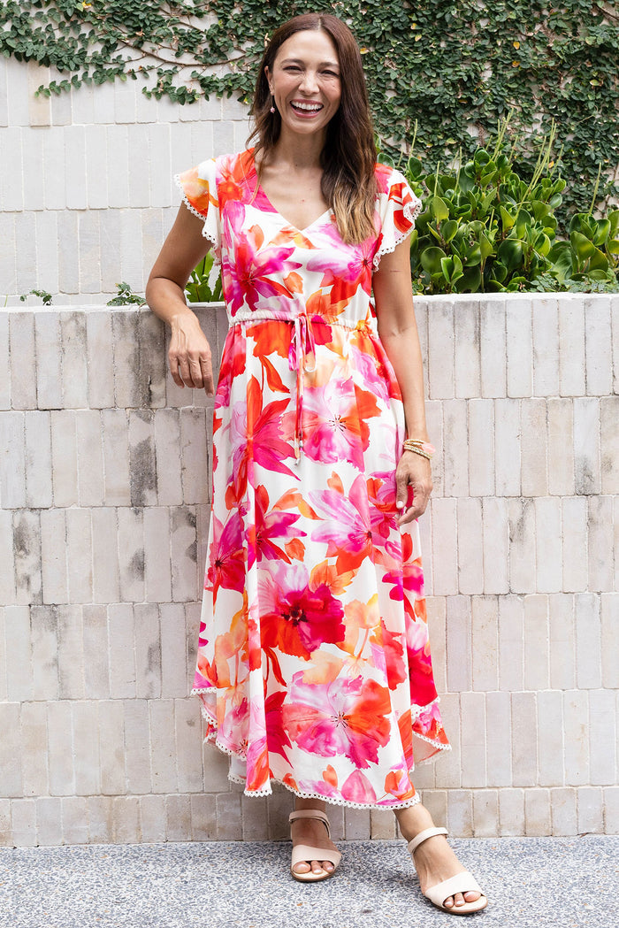 Libby Orange Flower Midi Dress,Lifestyle
