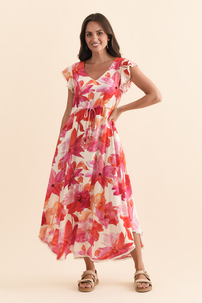 Libby Orange Flower Midi Dress,Brunette model,alt text|model:MJ