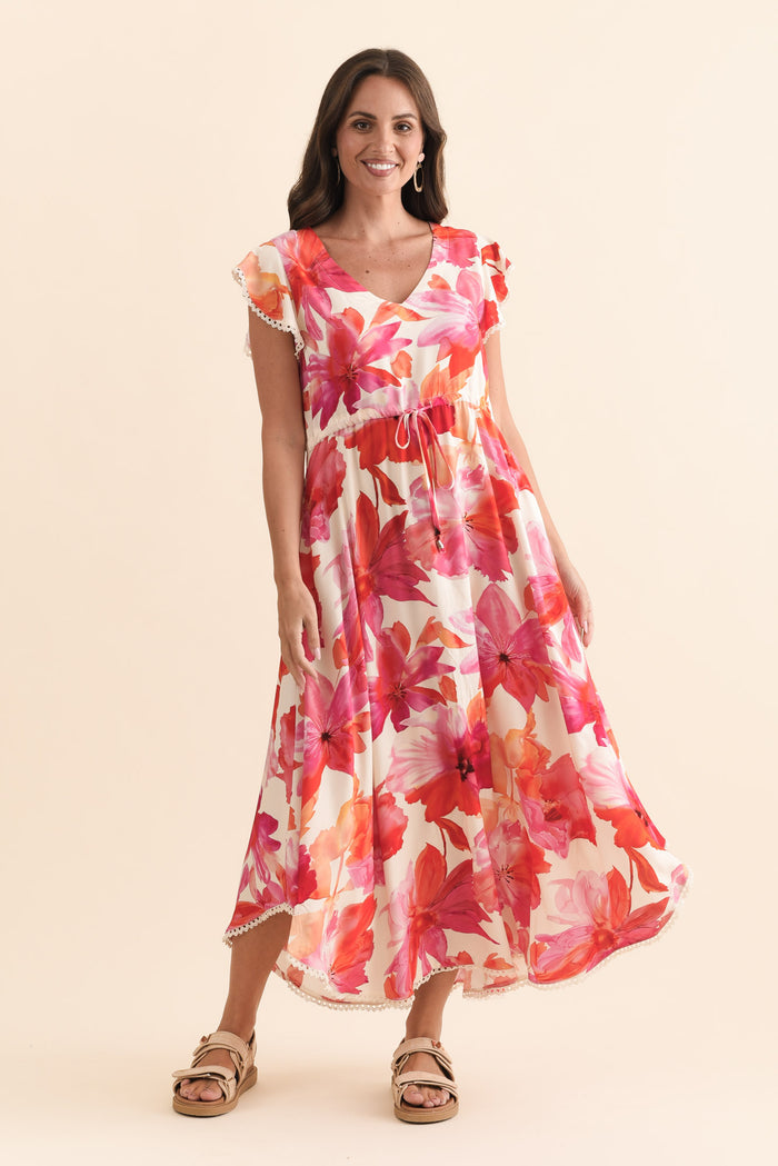 Libby Orange Flower Midi Dress,Brunette model,alt text|model:MJ