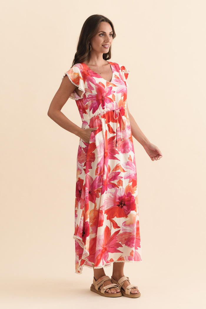 Libby Orange Flower Midi Dress,Brunette model,alt text|model:MJ