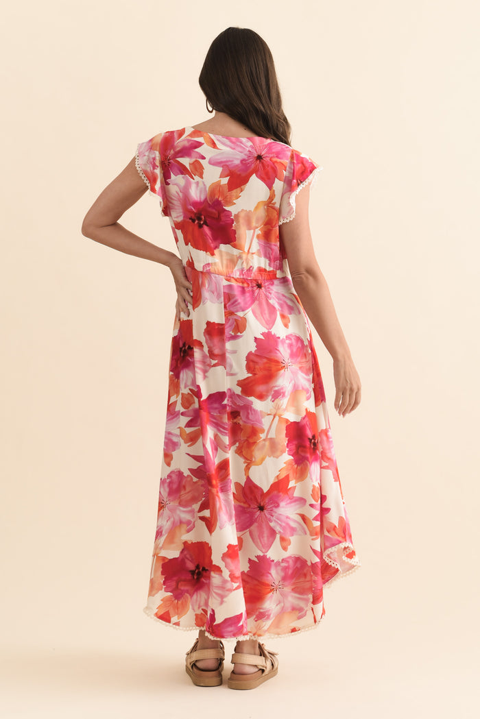 Libby Orange Flower Midi Dress,Brunette model,alt text|model:MJ