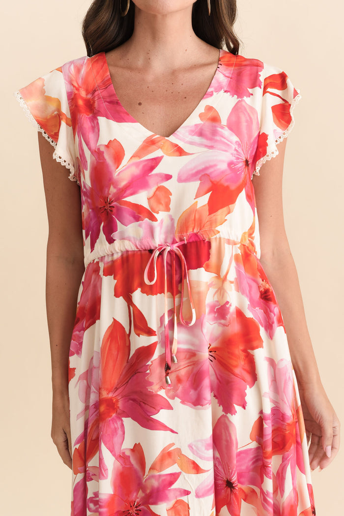 Libby Orange Flower Midi Dress,Brunette model,alt text|model:MJ