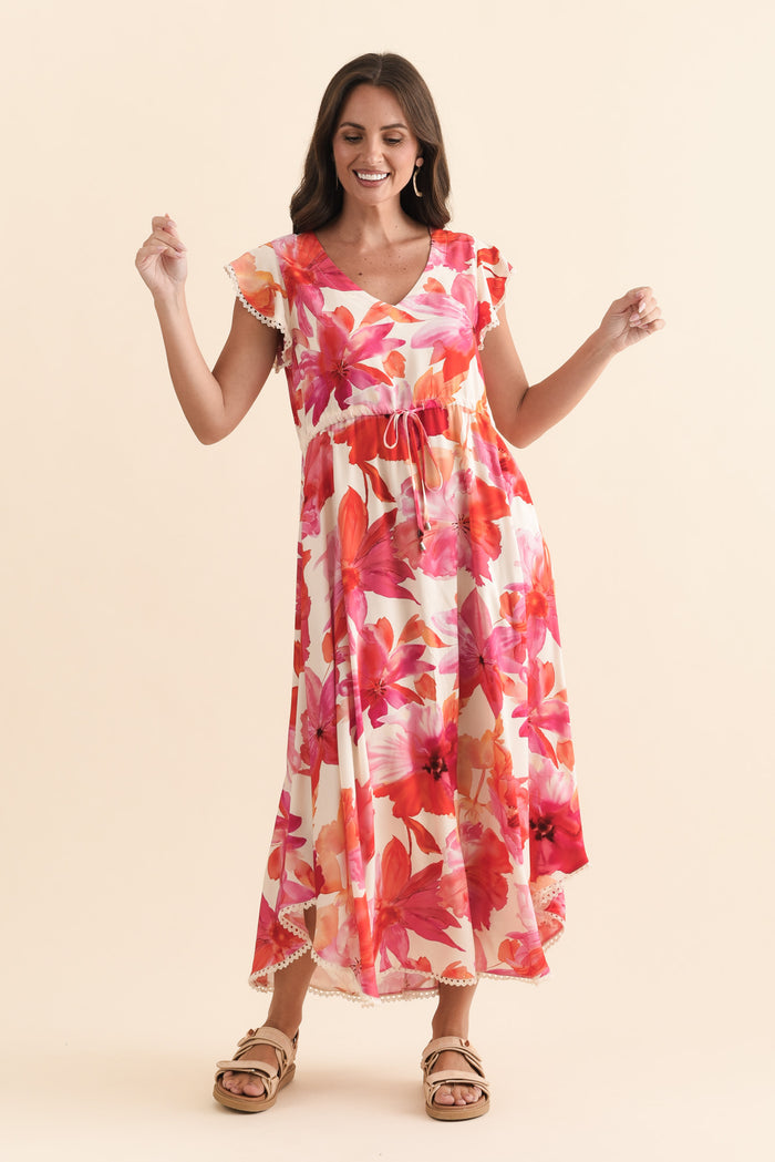 Libby Orange Flower Midi Dress,Brunette model,alt text|model:MJ
