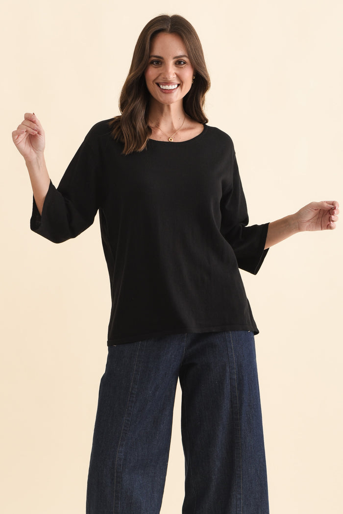 Liberty Black Cotton Knit 3/4 Sleeve Top,Brunette model,alt text|model:MJ
