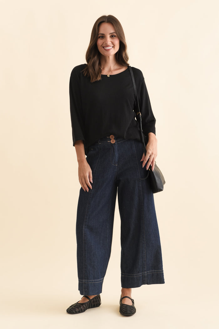 Liberty Black Cotton Knit 3/4 Sleeve Top,Brunette model,alt text|model:MJ
