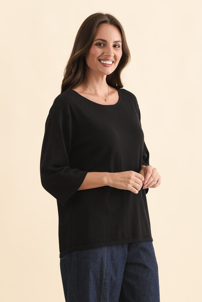 Liberty Black Cotton Knit 3/4 Sleeve Top,Brunette model,alt text|model:MJ