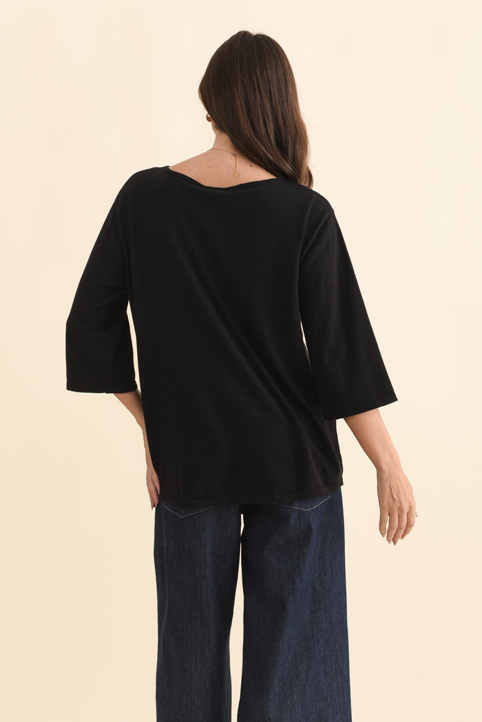 Liberty Black Cotton Knit 3/4 Sleeve Top,Brunette model,alt text|model:MJ