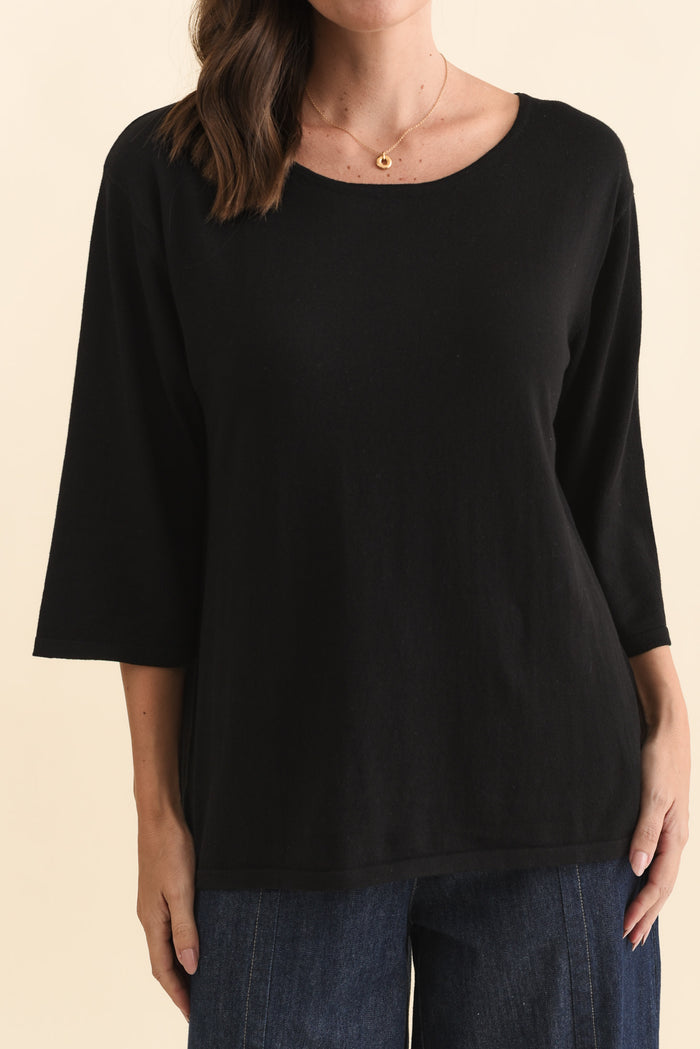 Liberty Black Cotton Knit 3/4 Sleeve Top,Brunette model,alt text|model:MJ