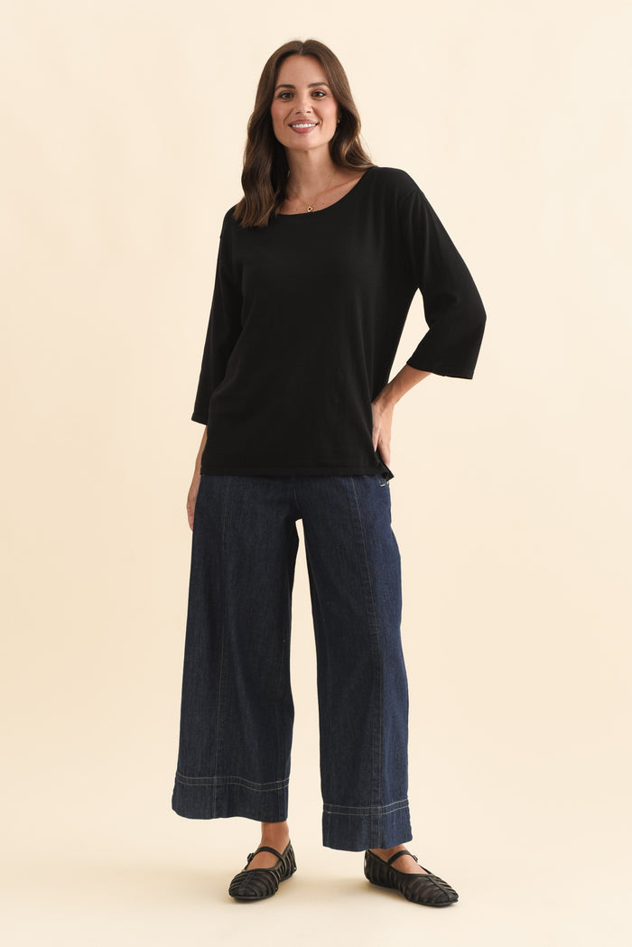 Liberty Black Cotton Knit 3/4 Sleeve Top,Brunette model,alt text|model:MJ