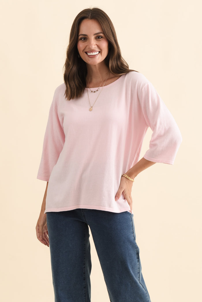 Liberty Pink Cotton Knit 3/4 Sleeve Top,Brunette model,alt text|model:MJ