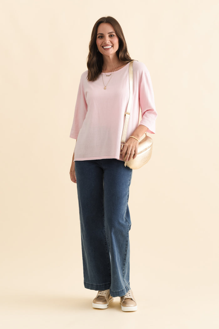 Liberty Pink Cotton Knit 3/4 Sleeve Top,Brunette model,alt text|model:MJ