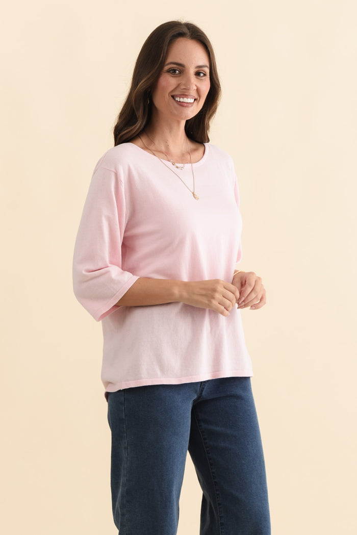 Liberty Pink Cotton Knit 3/4 Sleeve Top,Brunette model,alt text|model:MJ