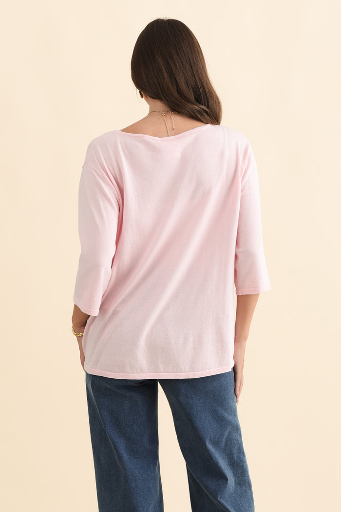 Liberty Pink Cotton Knit 3/4 Sleeve Top,Brunette model,alt text|model:MJ