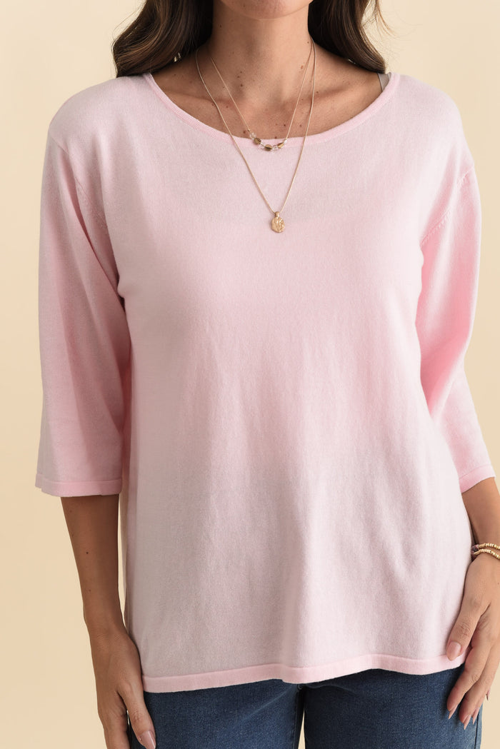 Liberty Pink Cotton Knit 3/4 Sleeve Top,Brunette model,alt text|model:MJ