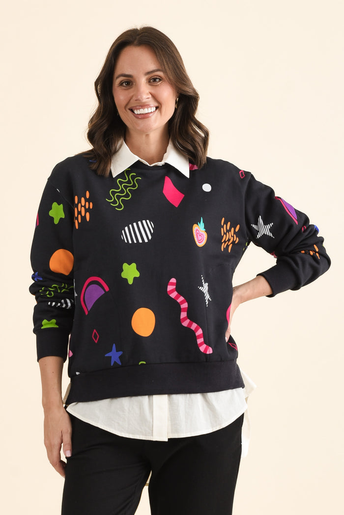 Licorice Galaxy Navy Cotton Sweatshirt,brunette model,Front of Outfit,alt text|model:MJ