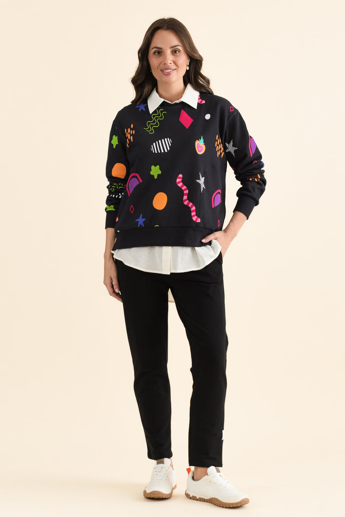 Licorice Galaxy Navy Cotton Sweatshirt,brunette model,Full Outfit,alt text|model:MJ