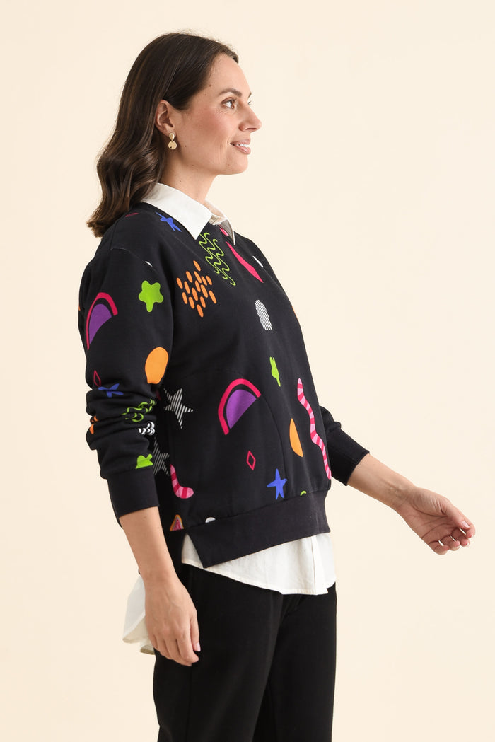 Licorice Galaxy Navy Cotton Sweatshirt,brunette model,Side of Outfit,alt text|model:MJ