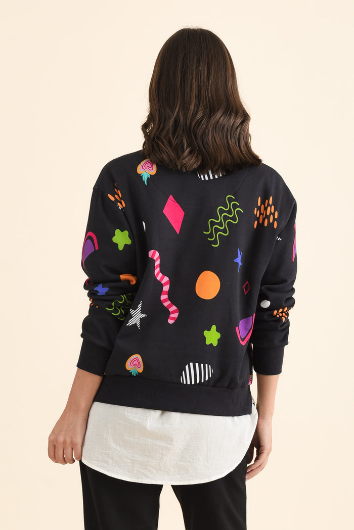 Licorice Galaxy Navy Cotton Sweatshirt,brunette model,Back of Outfit,alt text|model:MJ