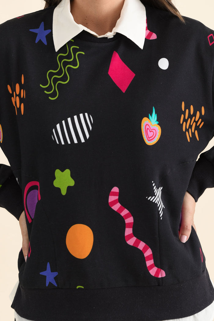 Licorice Galaxy Navy Cotton Sweatshirt,brunette model,Close up of outfit,alt text|model:MJ